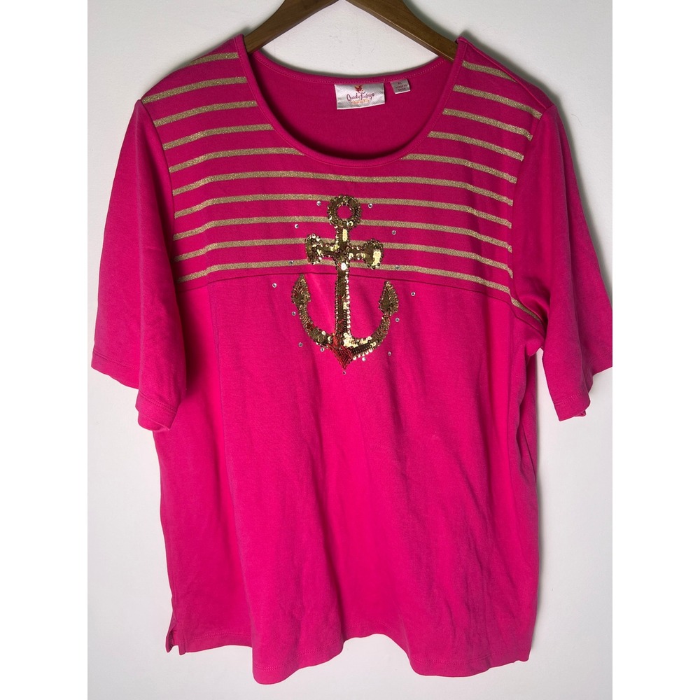 Quacker Factory XL Top Nautical Sequin Anchor Pink Gold Metallic Stripe Tee